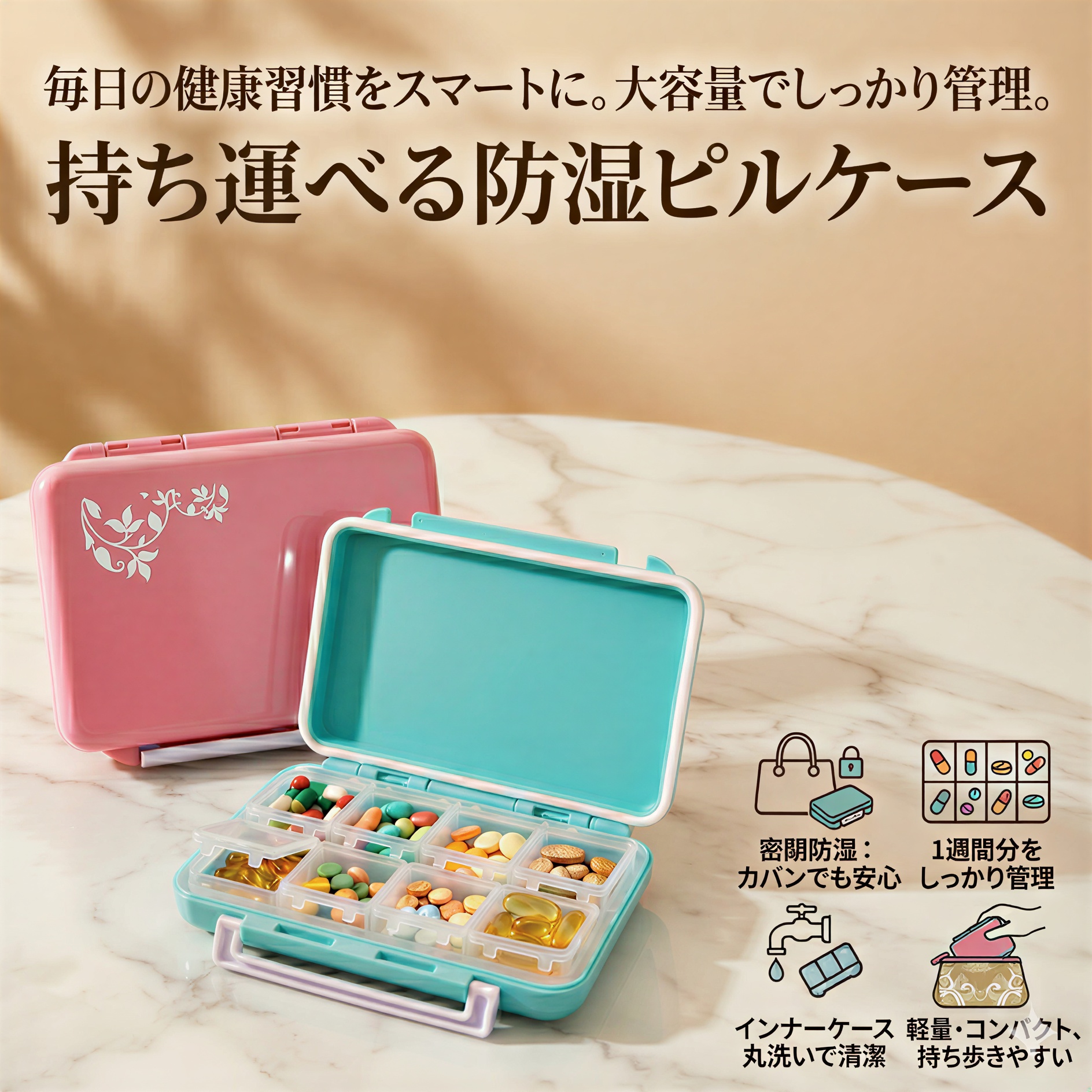 実用的 携帯ピルケース 防湿機能付き小物入れ (2色) 薄型 錠剤ケース